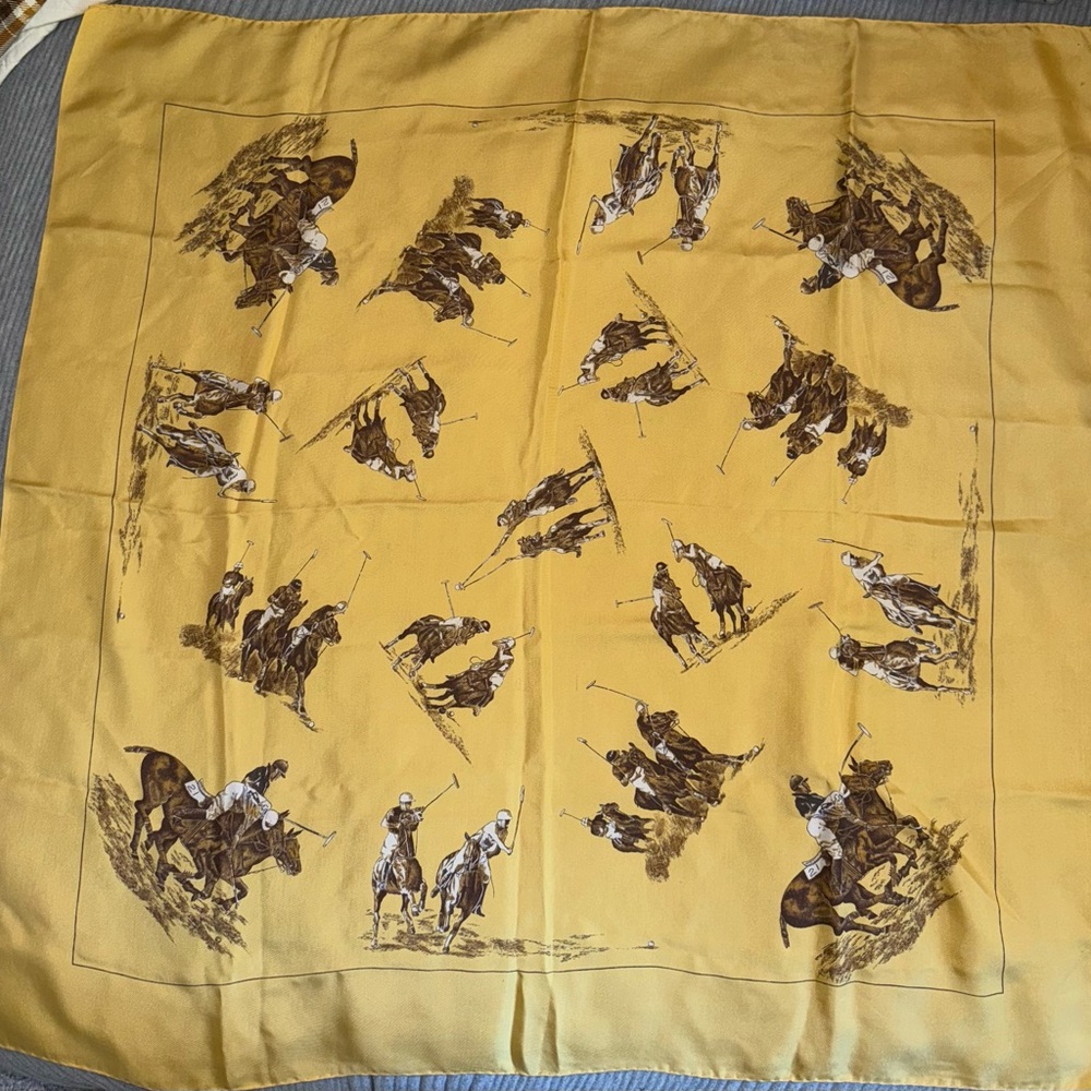 Vintage 1960s Yellow Silk Equestrian Polo Print Scarf